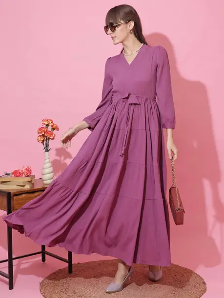 Mauve Tiered Tie-Waist Maxi Dress