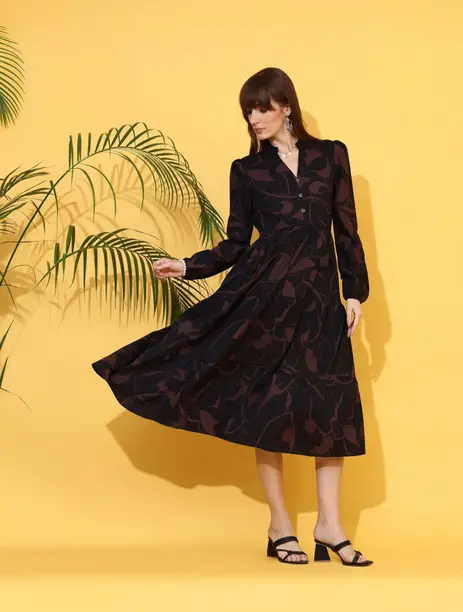 Black & Brown Leaf Print Tiered Midi Dress