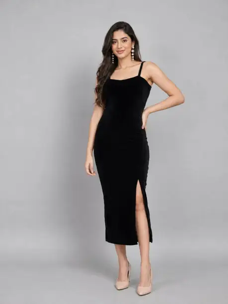 Black Velvet Strappy Slit Bodycon Midi Dress