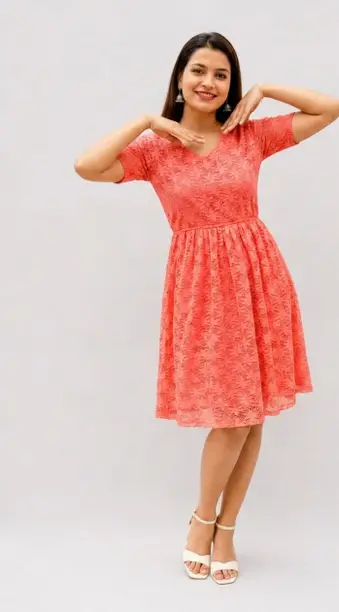 Coral Lace Fit & Flare Knee-Length Dress