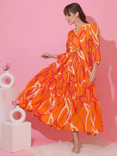 Orange & Pink Abstract Print Tiered Maxi Dress