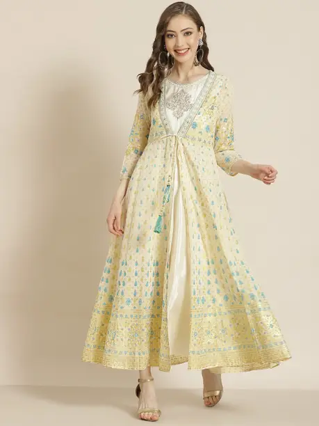 Ivory & Turquoise Block Print Jacket Maxi Dress
