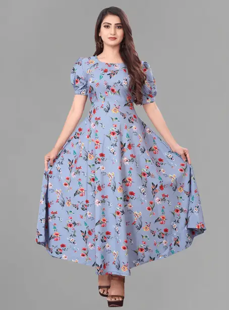Powder Blue Floral Puff Sleeve Flared Maxi Dress