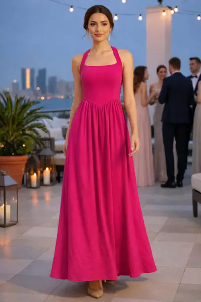 Fuchsia Halter-Neck Flared Maxi Dress