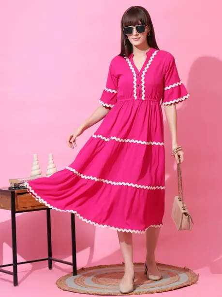 Fuchsia Ric-Rac Trim Tiered Midi Dress