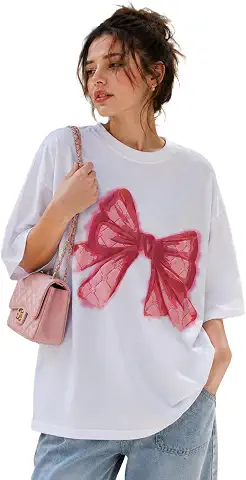 White Pink-Bow Graphic Oversized Top