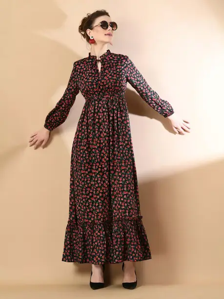 Black Rose Print Ruffled Tiered Maxi Dress