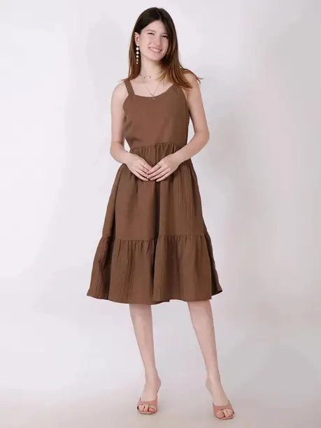Cocoa Brown Strappy Tiered Midi Dress