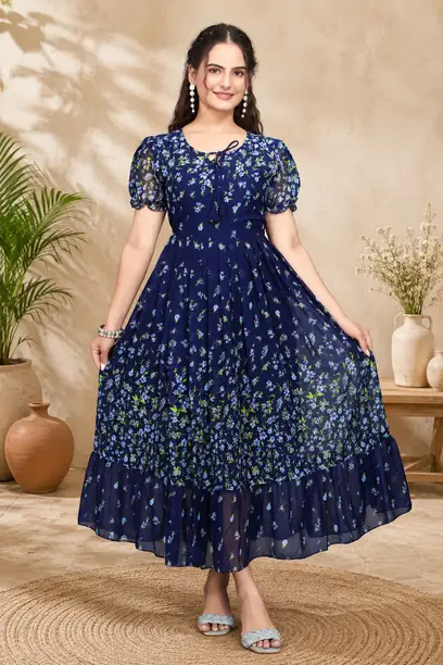 Navy Blue Floral Flared Maxi Gown Dress