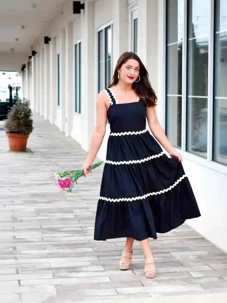 Navy Ric-Rac Trim Tiered Midi Dress