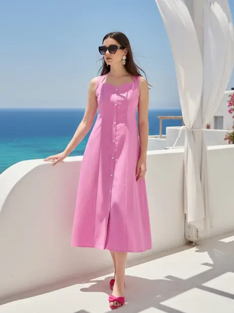 Pink Button-Front Sleeveless Midi Dress