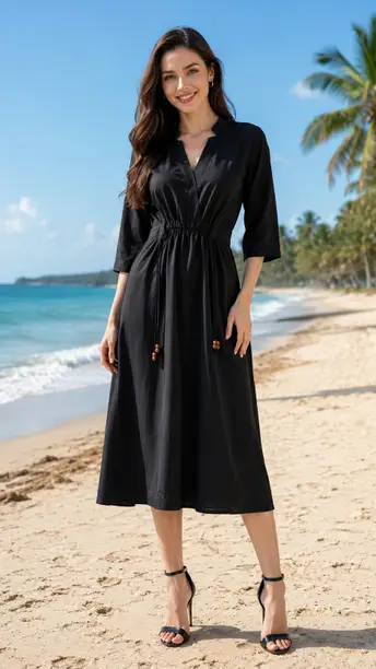 Black Drawstring Waist Midi Dress