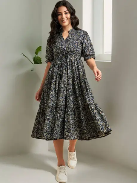 Navy Ditsy Floral Tiered Midi Dress