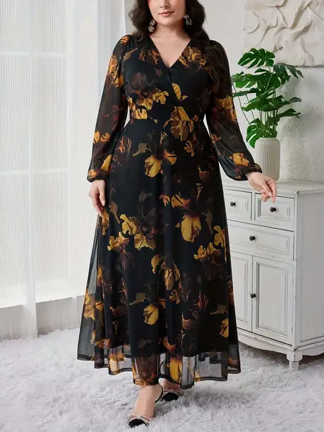 Black & Mustard Floral V-Neck Maxi Dress
