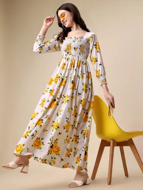 Ivory & Yellow Floral Smocked Maxi Dress
