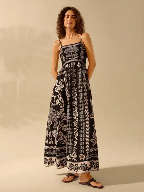 Black & Ivory Folk Print Strappy Maxi Dress