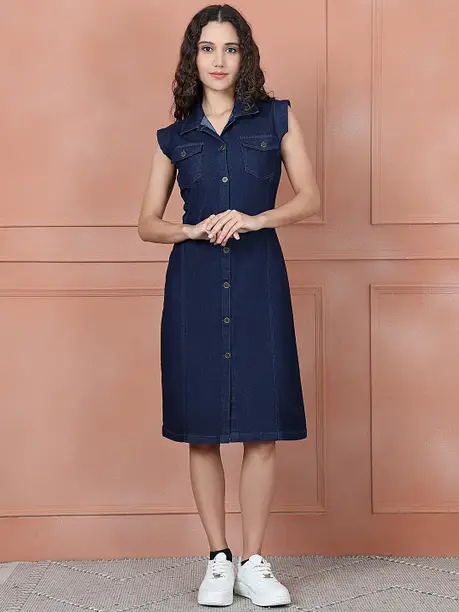 Indigo Denim Collared Midi Dress