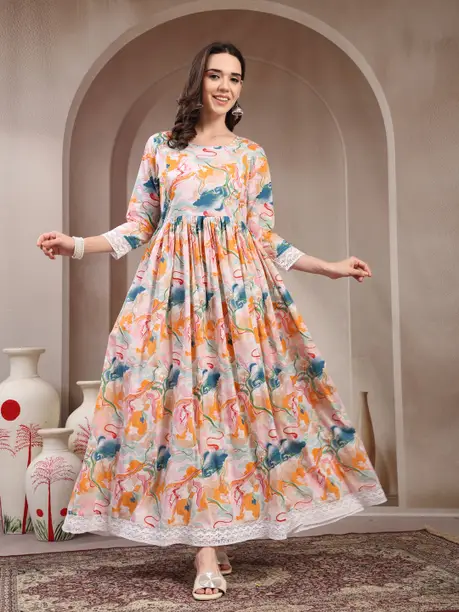 Blush Multicolour Abstract Floral Flared Maxi Dress